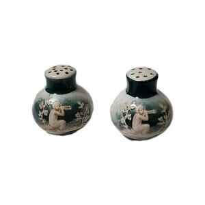 Vintage Porcelain 2" Green Ombre` Gladient Boy Playing A Lute Salt & Pepper